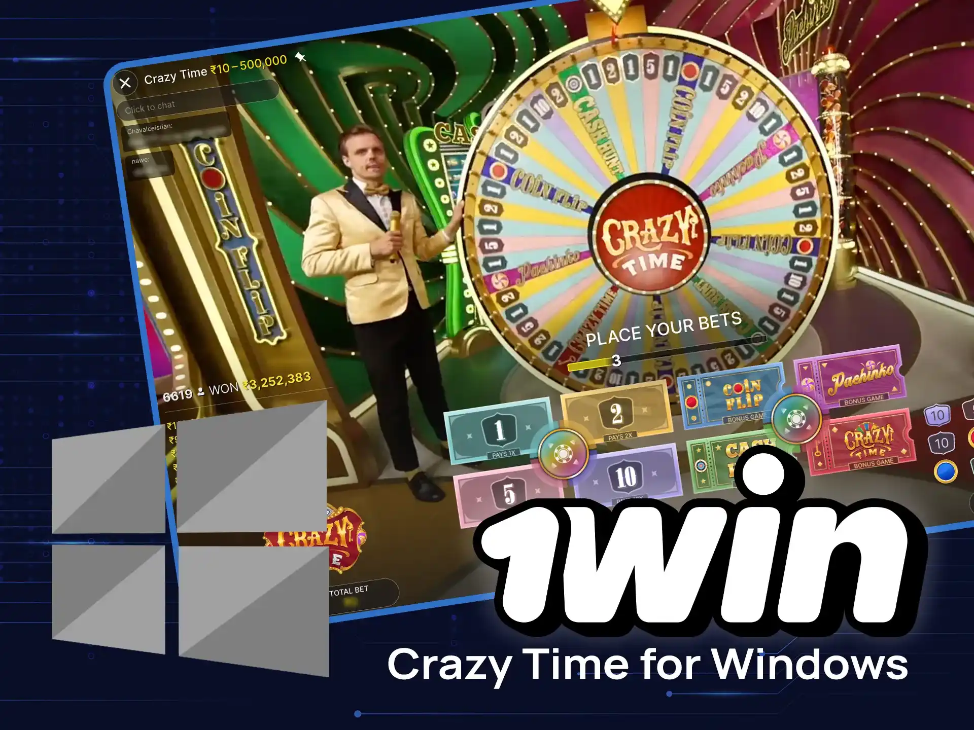 Download the 1win app for Windows and enjoy playing Crazy Time on your PC.